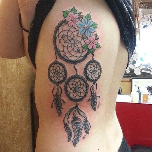 Dreamcatcher Tattoo On Girl Rib Side