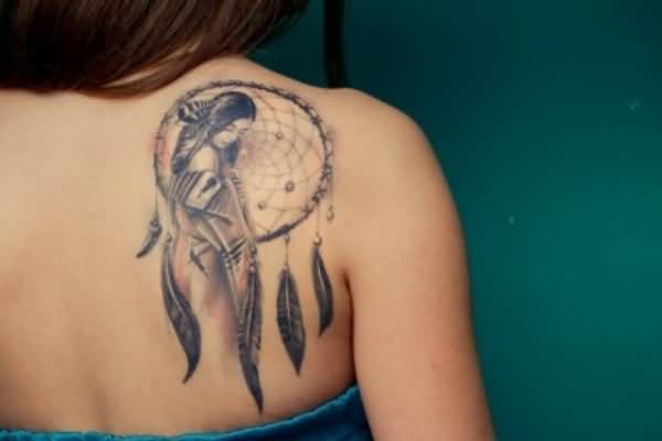 Dreamcatcher Tattoo On Girl Right Back Shoulder