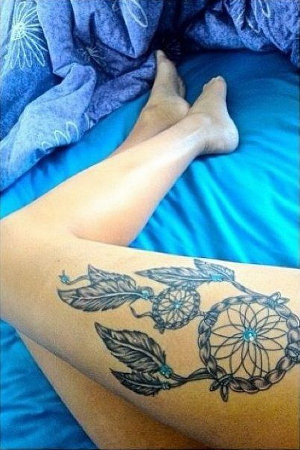 Dreamcatcher Tattoo On Girl Right Leg