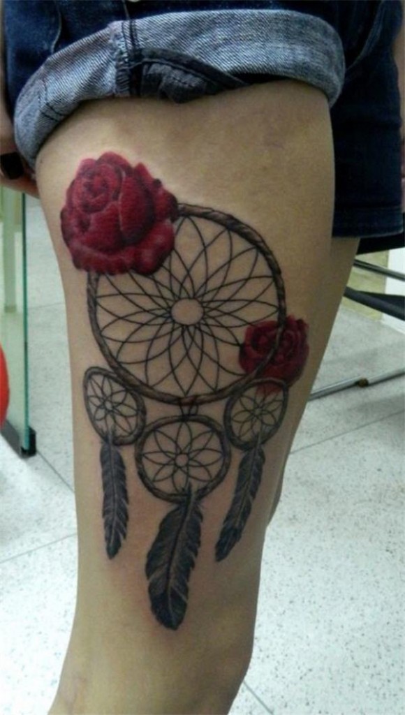 Dreamcatcher Tattoo On Girl Thigh