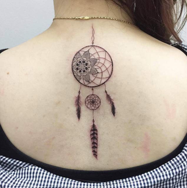 Dreamcatcher Tattoo On Girl Upper Back