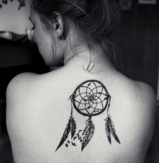 Dreamcatcher Tattoo On Girl Upper Back