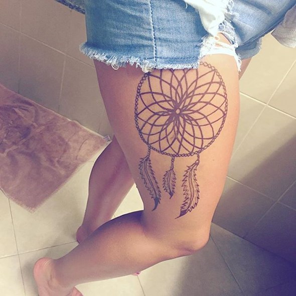 Dreamcatcher Tattoo On Side Thigh For Girls