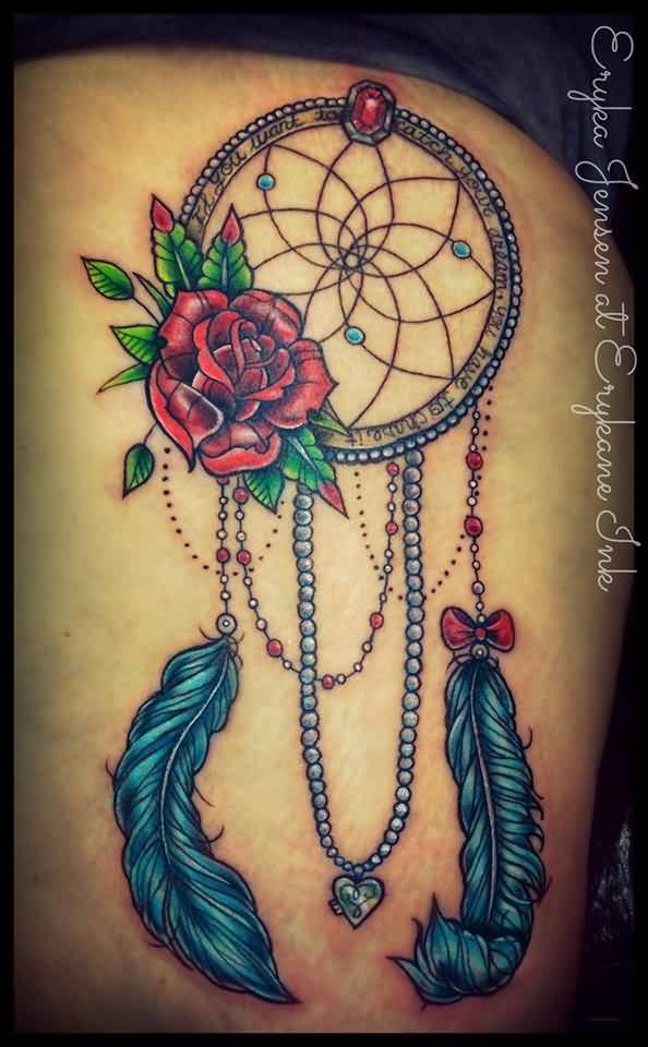 Dreamcatcher With Red Rose Tattoo On Side Rib