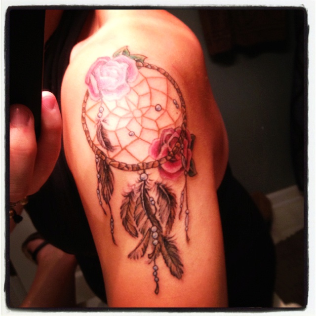 Dreamcatcher With Rose Flowers Tattoo On Left Shoulder
