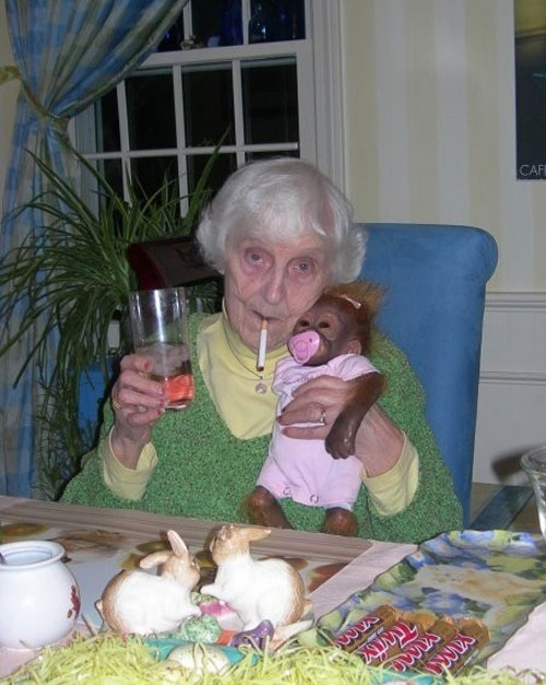 Drunken Old Lady With Monkey Baby