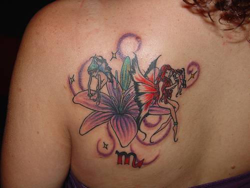 Fairies On Flower Tattoo On Left Back Shoulder