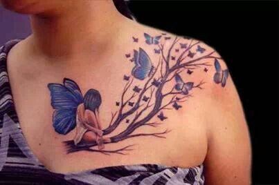 Fairy On Branch With Flying Butterflies Tattoo On Girl Left Front Shoulder