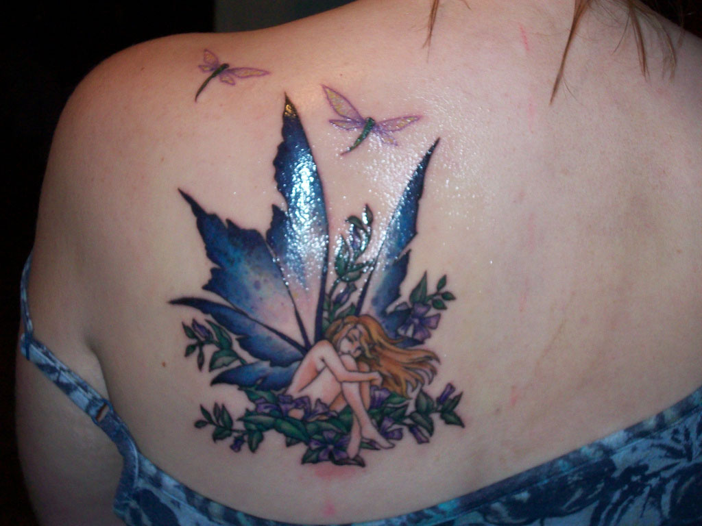 Fairy With Flying Butterflies Tattoo On Girl Left Back Shoulder