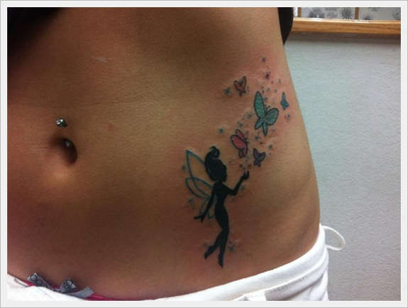 Fairy With Flying Butterflies Tattoo On Girl Waist