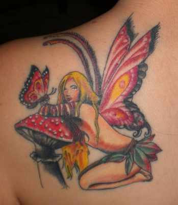 Fairy With Mushroom And Butterfly Tattoo On Left Back Shoulder