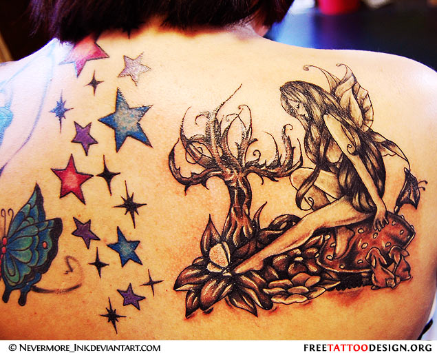 Fairy With Tree Without Leaves Tattoo On Right Back Shoulder
