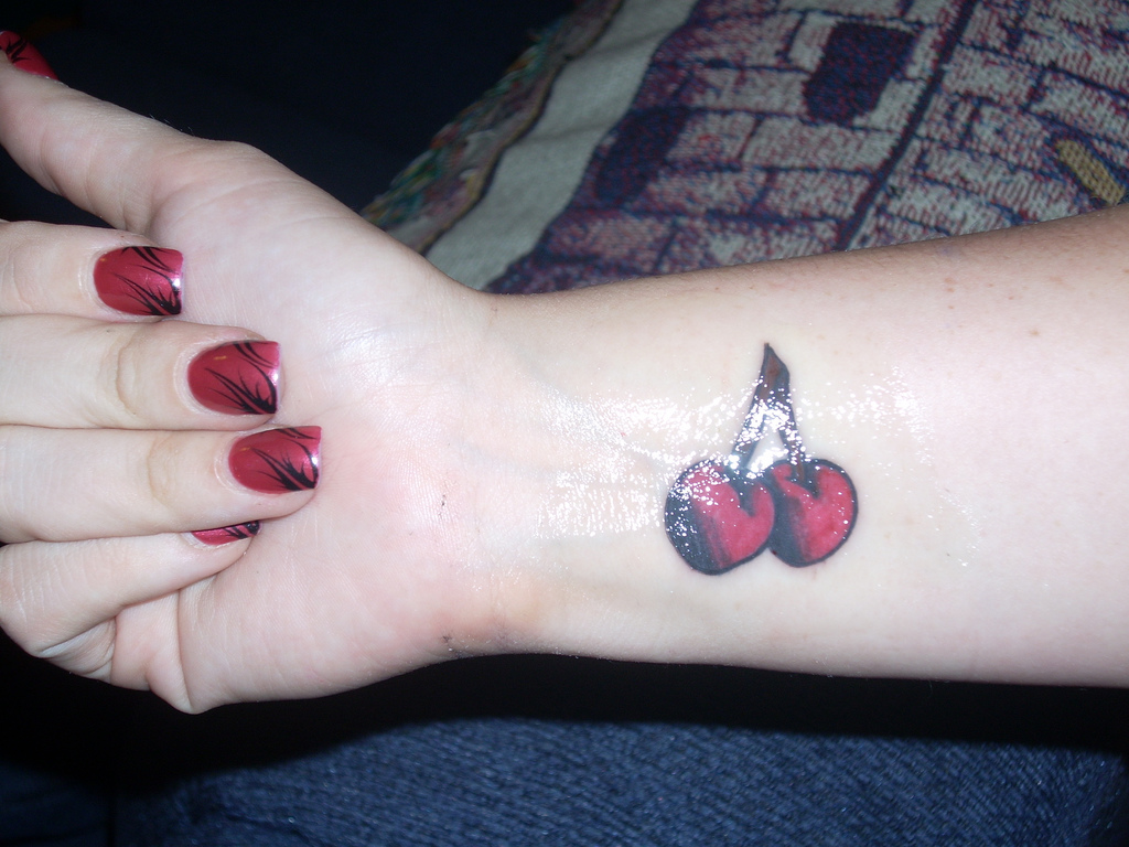 Fantastic Cherry Tattoo On Right Wrist