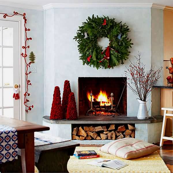 Fireplace With Wreath Ornaments Christmas Decoration Ideas