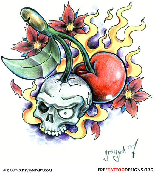 Flaming Cherry And Cherry Skull Tattoo Design