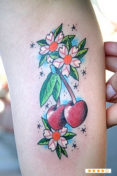 Flowers And Cute Cherry Tattoo On Arm