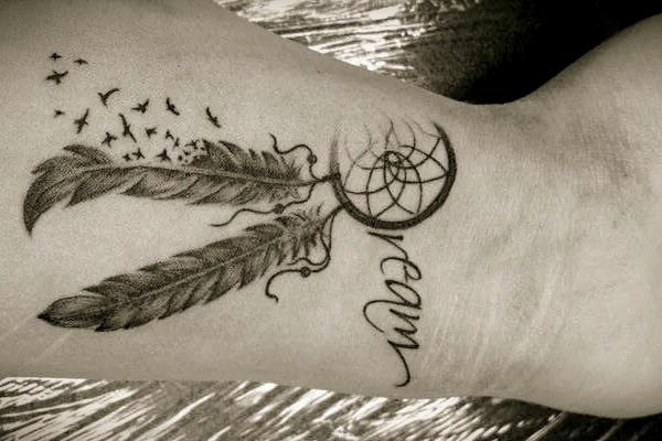 Flying Birds And Dreamcatcher Tattoo On Left Wrist