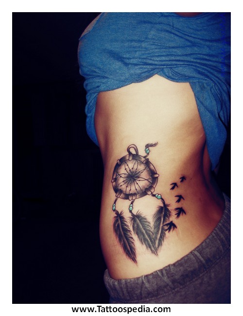 Flying Birds And Dreamcatcher Tattoo On Rib Side