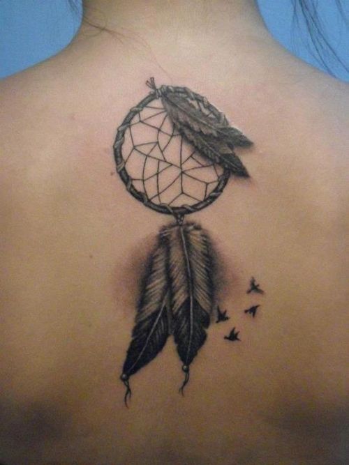 Flying Birds And Dreamcatcher Tattoo On Upper Back