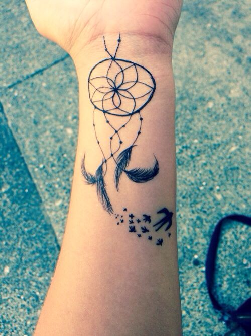 Flying Birds And Dreamcatcher Tattoo On Wrist