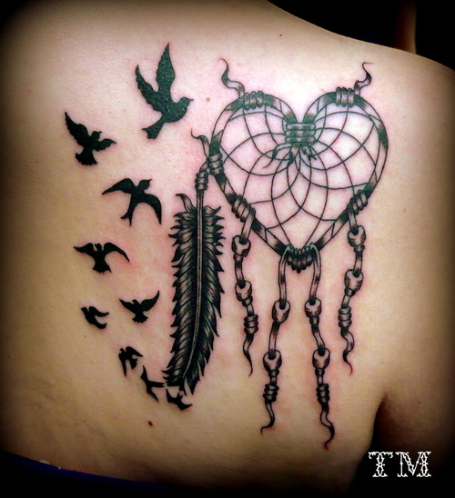 Flying Birds And Heart Dreamcatcher Tattoo On Back Shoulder