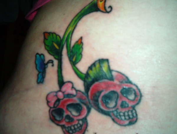 Funky Cherry Skull Tattoos On Side Rib