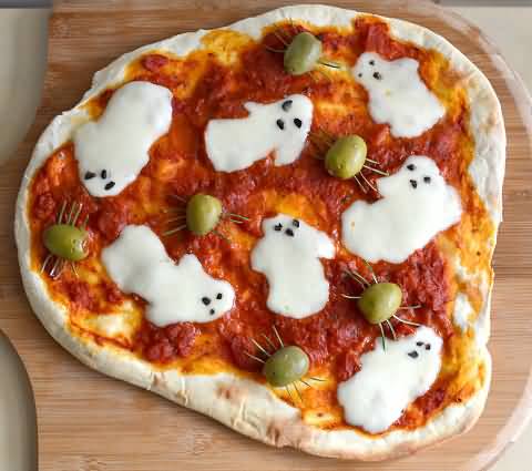 Ghost Topings On Halloween Pizza Funny Picture