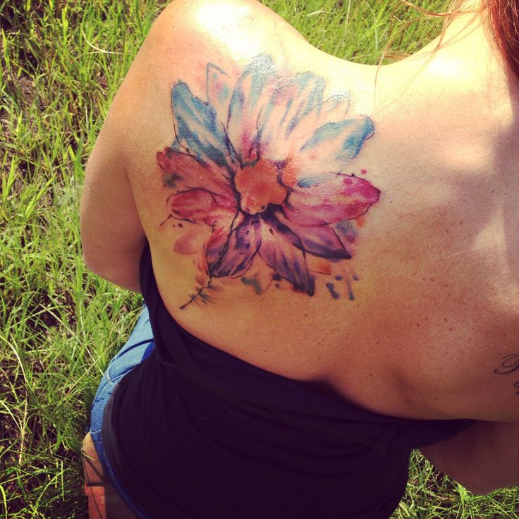 Girl Left Back Shoulder Watercolor Flower Tattoo For Girls