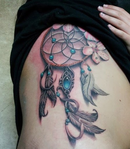 Girl Rib Side Colorful Dreamcatcher Tattoo