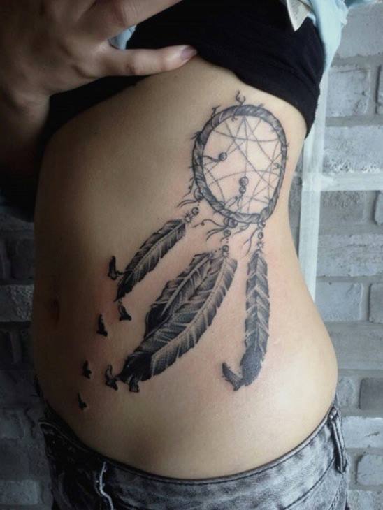 Girl Rib Side Dreamcatcher Tattoo With Flying Birds
