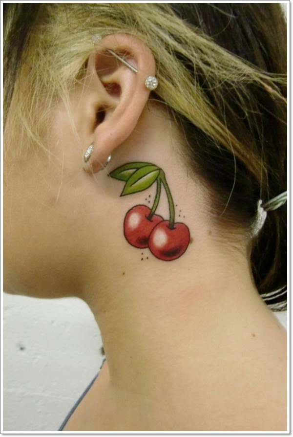 Girl With Cute Cherry Tattoo On Side Neck