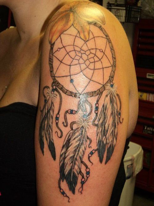 Girl With Dreamcatcher Tattoo On Left Shoulder