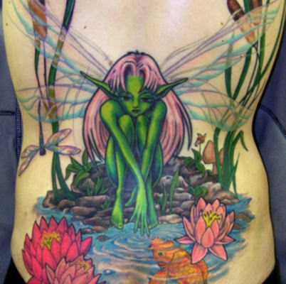 Gothic Fairy With Flowers Tattoo On Full Back