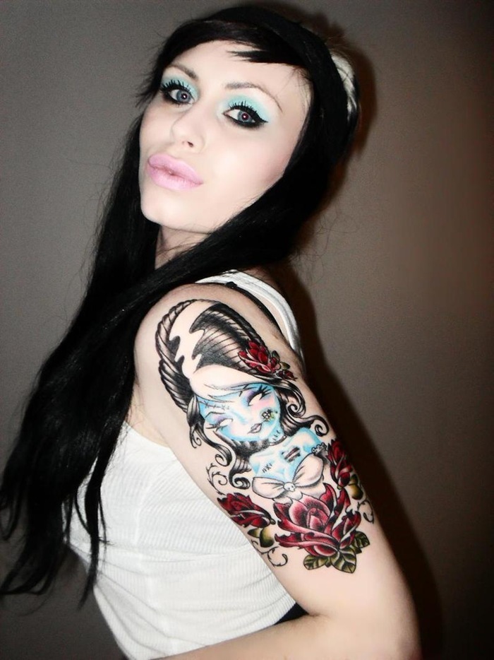 Gothic Fairy With Roses Tattoo On Girl Left Half Sleeve