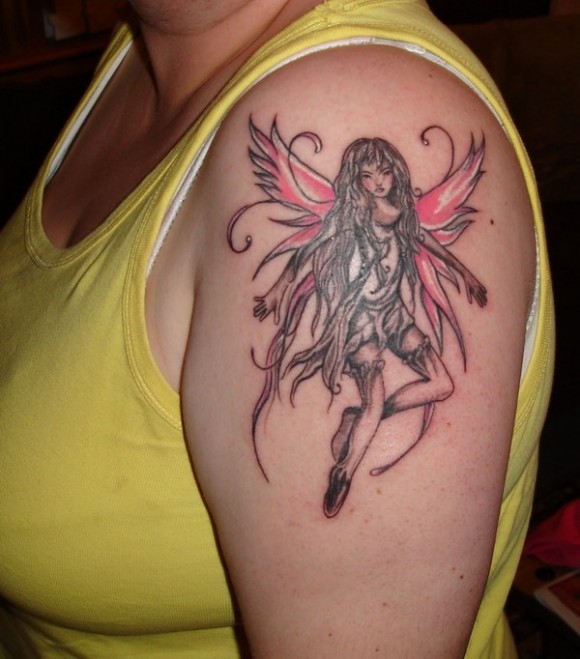 Gothic Flying Fairy Tattoo On Women Left Shoulder