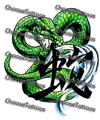Green Ink Chinese Snake Tattoo Design