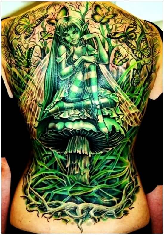 Green Ink Fairy On Mushroom Tattoo On Full Back