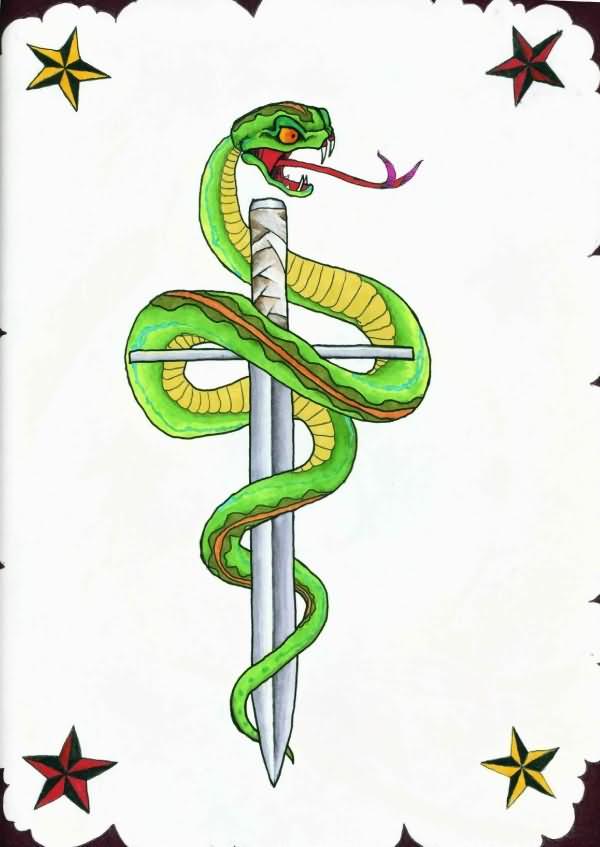 Green Ink Snake With Dagger Tattoo Design