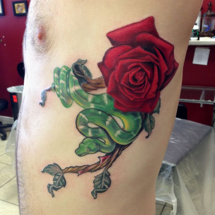 Green Ink Snake With Rose Tattoo On Man Left Side Rib