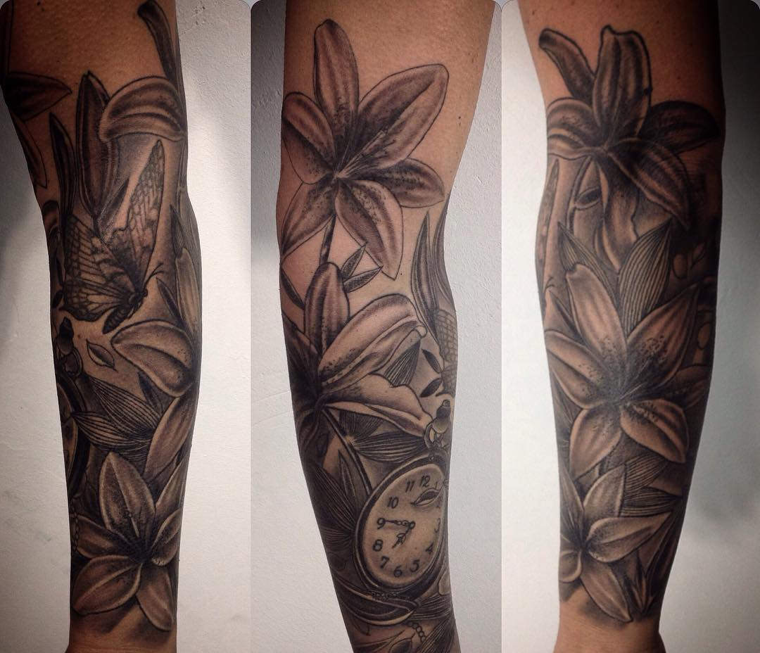 Grey And Black Lily Tattoo On Full Sleeve