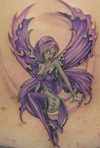 Grey And Purple Gothic Fairy Tattoo Design