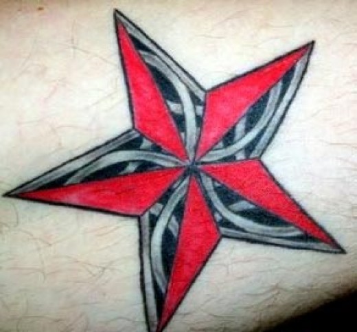 Grey And Red Ink Nautical Star Tattoo