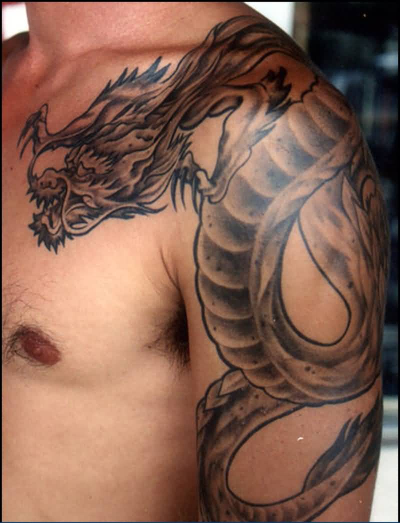 Grey Dragon Tattoo On Man Left Shoulder