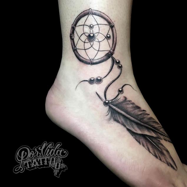 Grey Ink Dreamcatcher Tattoo On Ankle