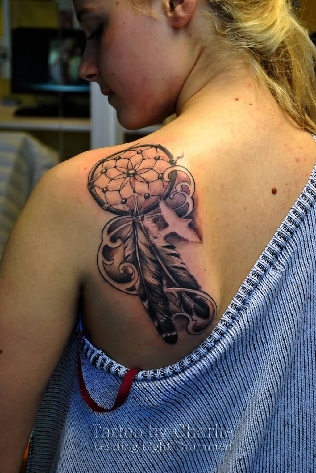 Grey Ink Dreamcatcher Tattoo On Girl Left Back Shoulder