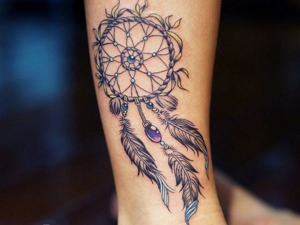Grey Ink Dreamcatcher Tattoo On Leg