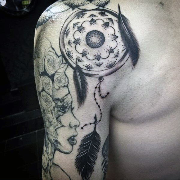 Grey Ink Dreamcatcher Tattoo On Man Shoulder