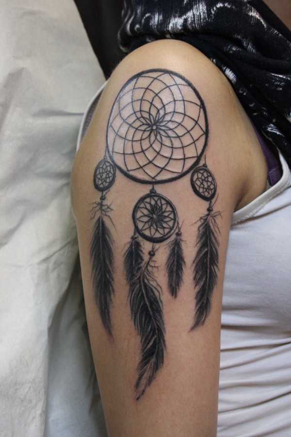 Grey Ink Dreamcatcher Tattoo On Right Shoulder
