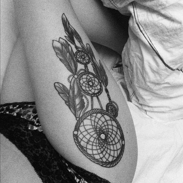 Grey Ink Dreamcatcher Tattoo On Side Leg