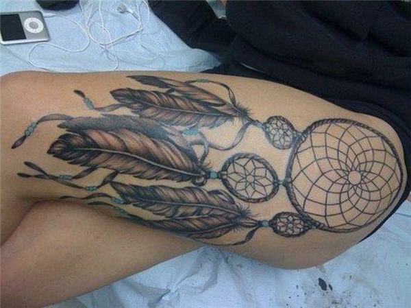 Grey Ink Dreamcatcher Tattoo On Thigh